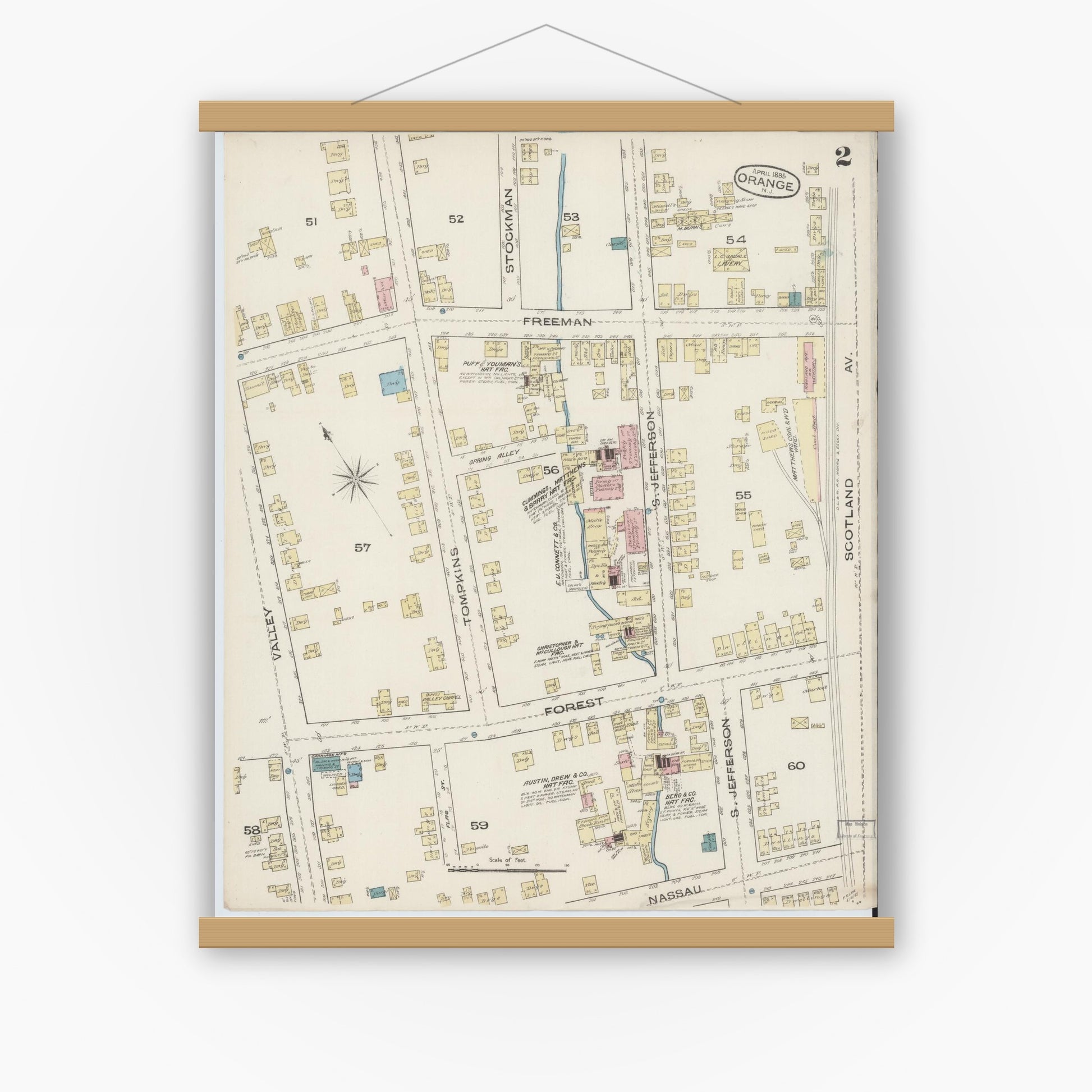 Old map wall art mockup — magnetic wood frame on white wall — Sanborn Fire Insurance Map from Orange, Essex County, New Jersey (1885), Sheet #0002