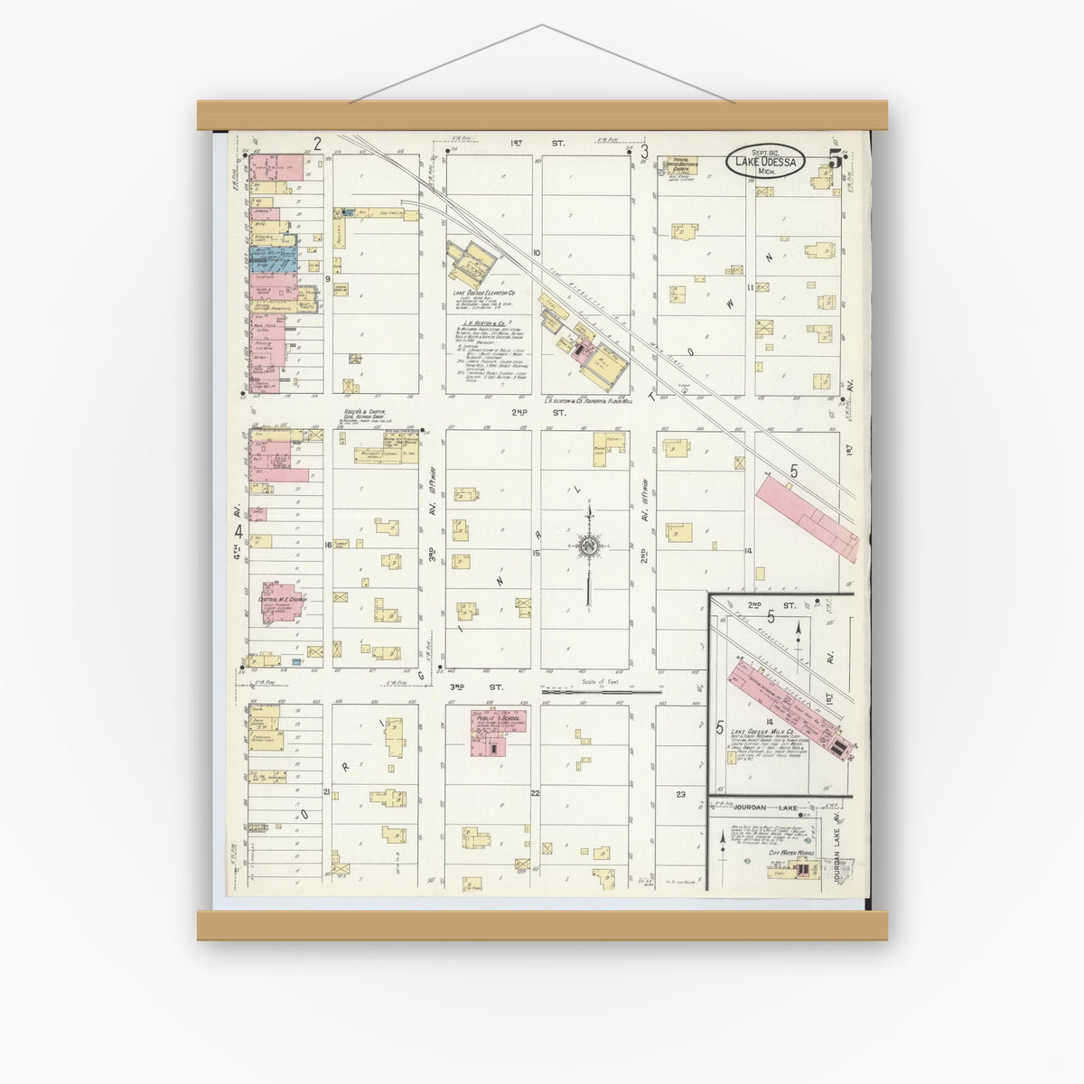 Old map wall art mockup — magnetic wood frame on white wall — Sanborn Fire Insurance Map from Lake Odessa, Ionia County, Michigan (1912), Sheet #0005