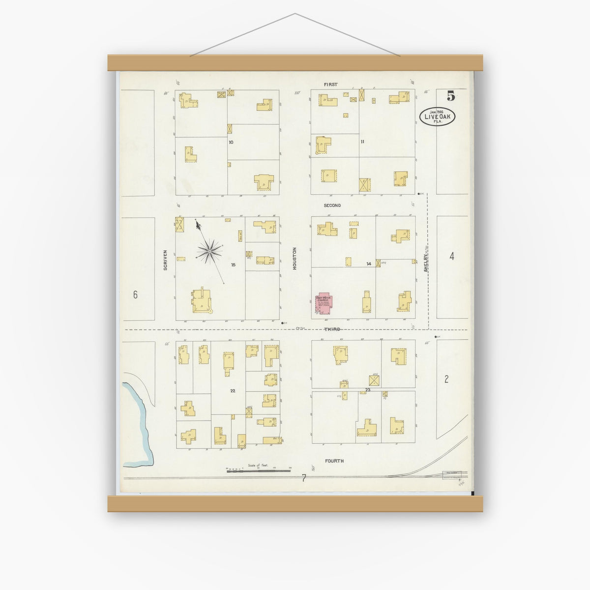 Old map wall art mockup — magnetic wood frame on white wall — Sanborn Fire Insurance Map from Live Oak, Suwanee County, Florida (1906), Sheet #0005