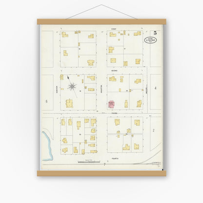 Old map wall art mockup — magnetic wood frame on white wall — Sanborn Fire Insurance Map from Live Oak, Suwanee County, Florida (1906), Sheet #0005