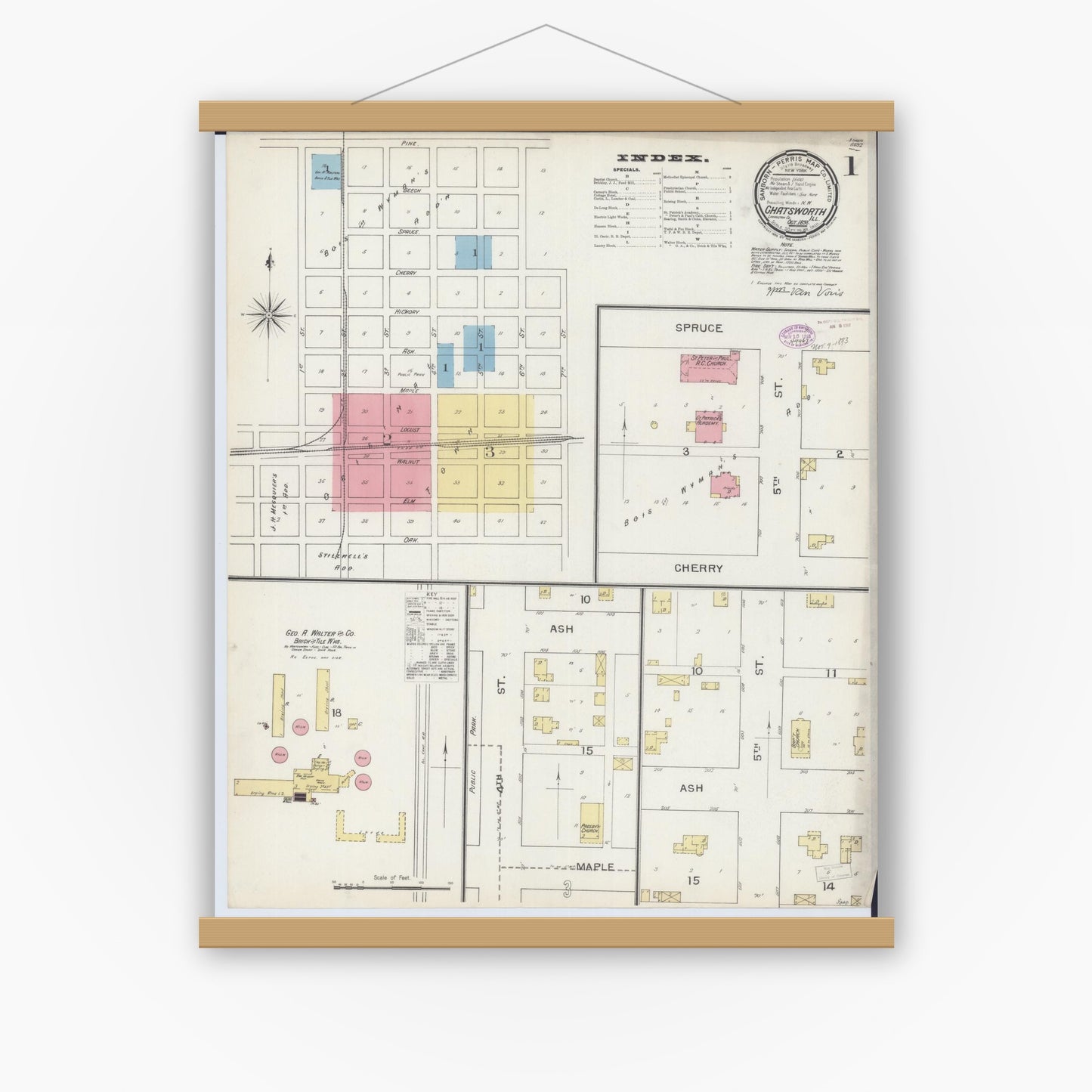 Old map wall art mockup — magnetic wood frame on white wall — Sanborn Fire Insurance Map from Chatsworth, Livingston County, Illinois (1893) - Complete Map Set
