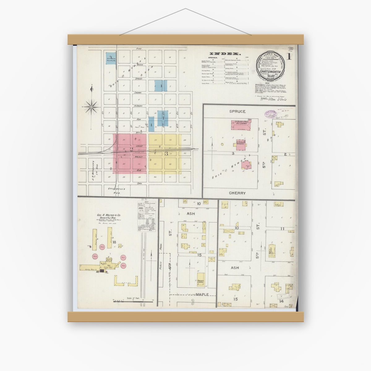 Old map wall art mockup — magnetic wood frame on white wall — Sanborn Fire Insurance Map from Chatsworth, Livingston County, Illinois (1893) - Complete Map Set