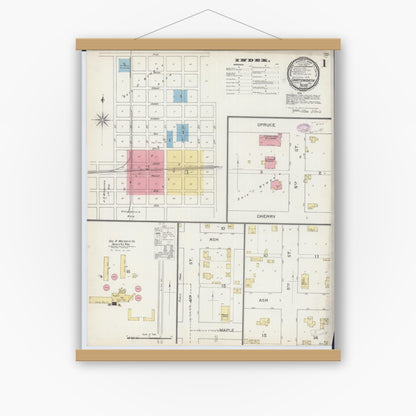 Old map wall art mockup — magnetic wood frame on white wall — Sanborn Fire Insurance Map from Chatsworth, Livingston County, Illinois (1893) - Complete Map Set