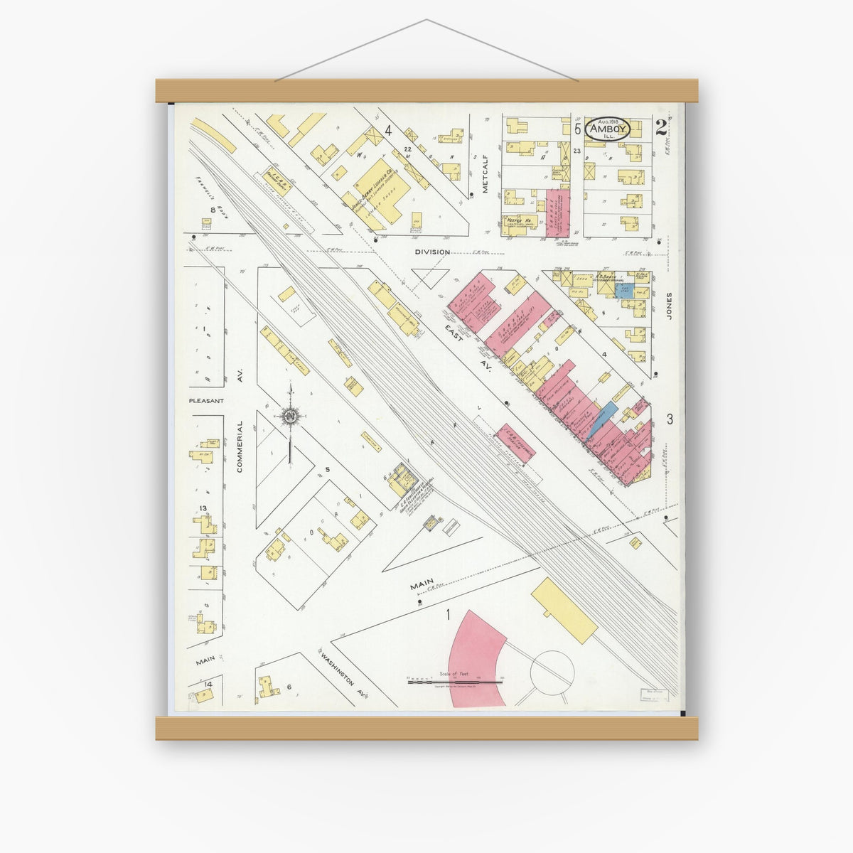 Old map wall art mockup — magnetic wood frame on white wall — Sanborn Fire Insurance Map from Amboy, Lee County, Illinois (1918), Sheet #0002