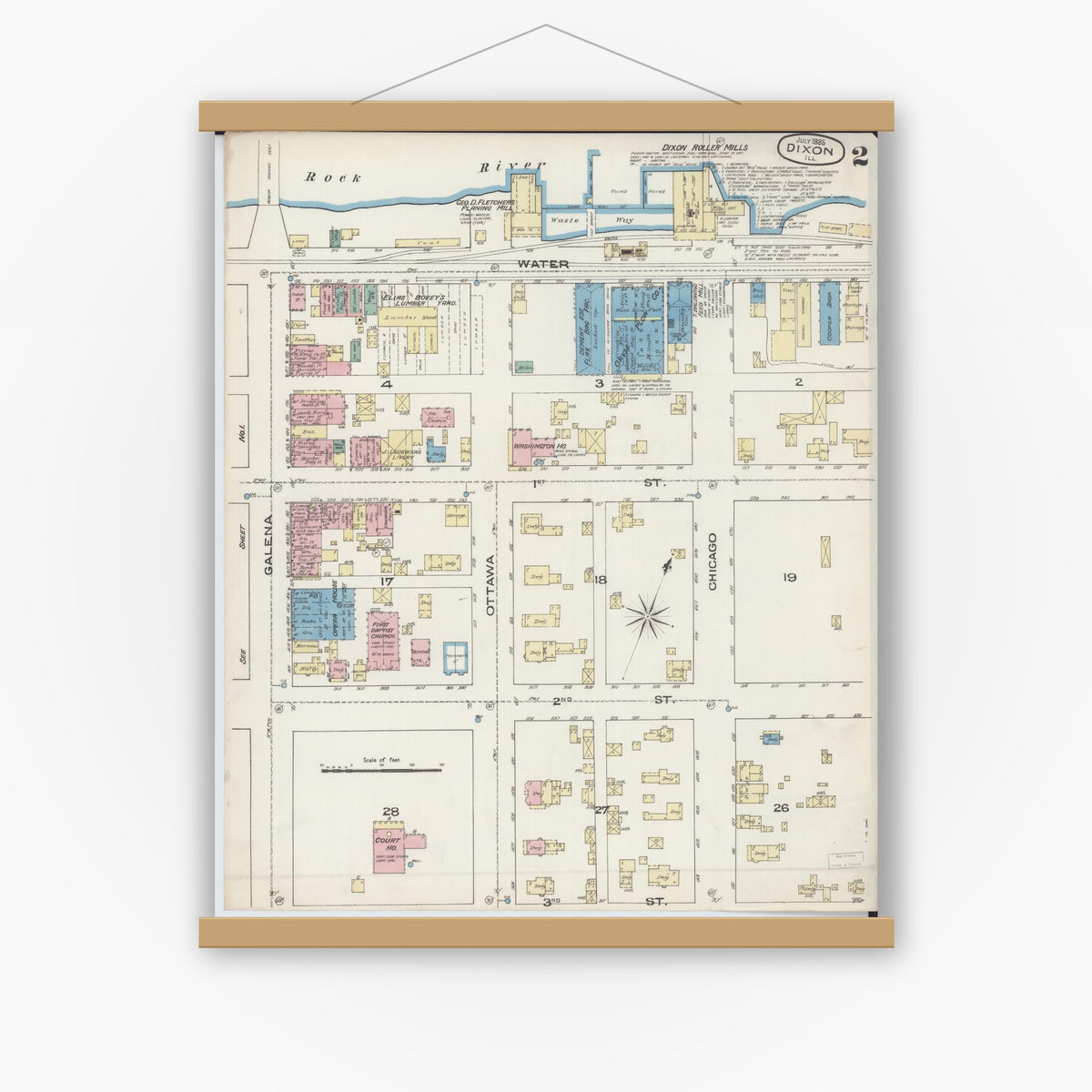 Old map wall art mockup — magnetic wood frame on white wall — Sanborn Fire Insurance Map from Dixon, Lee County, Illinois (1885), Sheet #0002