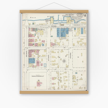 Old map wall art mockup — magnetic wood frame on white wall — Sanborn Fire Insurance Map from Dixon, Lee County, Illinois (1885), Sheet #0002