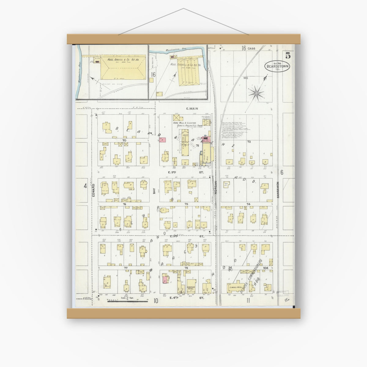 Old map wall art mockup — magnetic wood frame on white wall — Sanborn Fire Insurance Map from Beardstown, Cass County, Illinois (1906), Sheet #0005