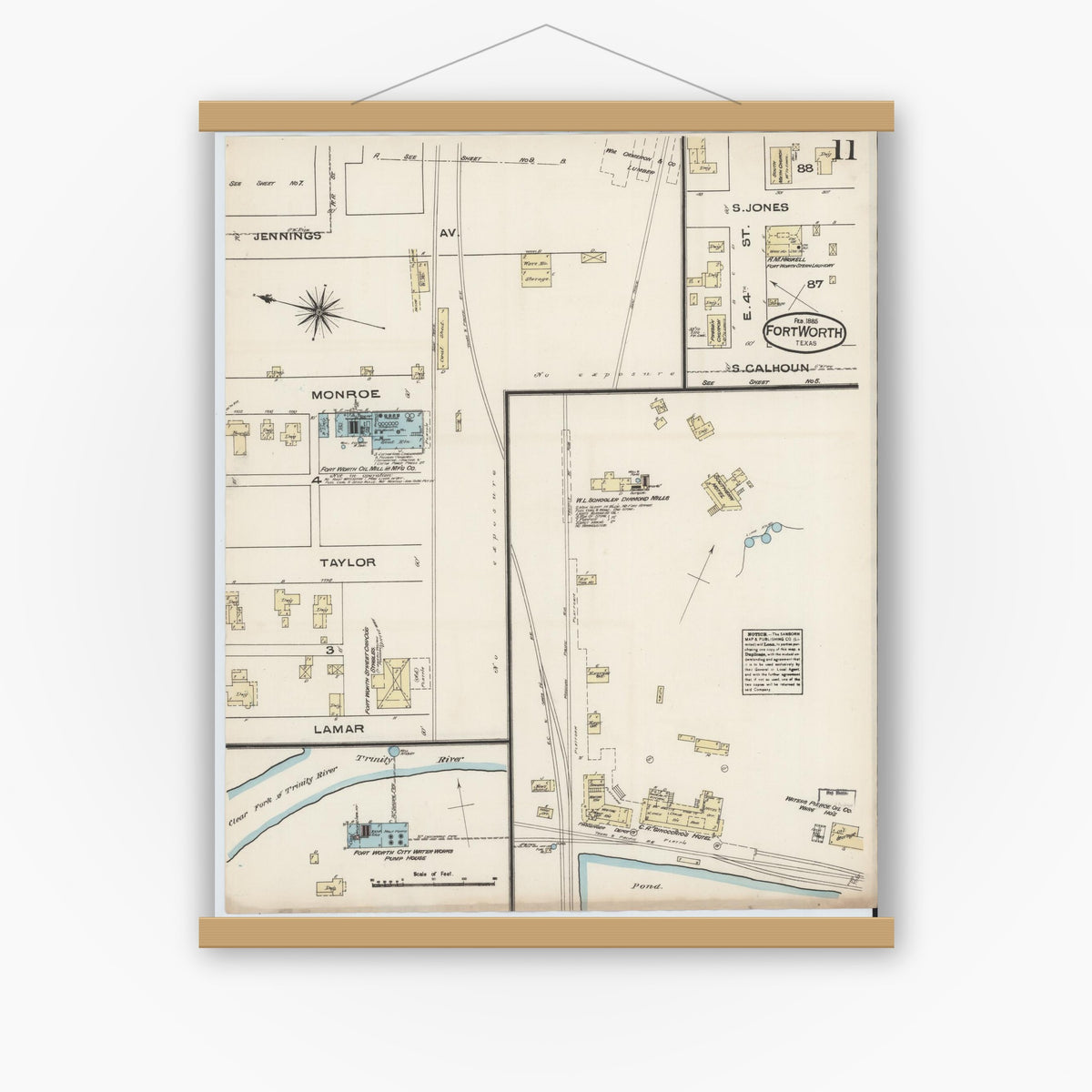 Old map wall art mockup — magnetic wood frame on white wall — Sanborn Fire Insurance Map from Fort Worth, Tarrant County, Texas (1885), Sheet #0011