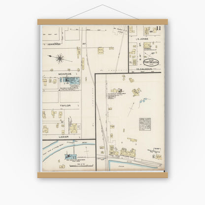 Old map wall art mockup — magnetic wood frame on white wall — Sanborn Fire Insurance Map from Fort Worth, Tarrant County, Texas (1885), Sheet #0011