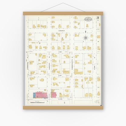 Old map wall art mockup — magnetic wood frame on white wall — Sanborn Fire Insurance Map from Lakeland, Polk County, Florida (1908), Sheet #0003