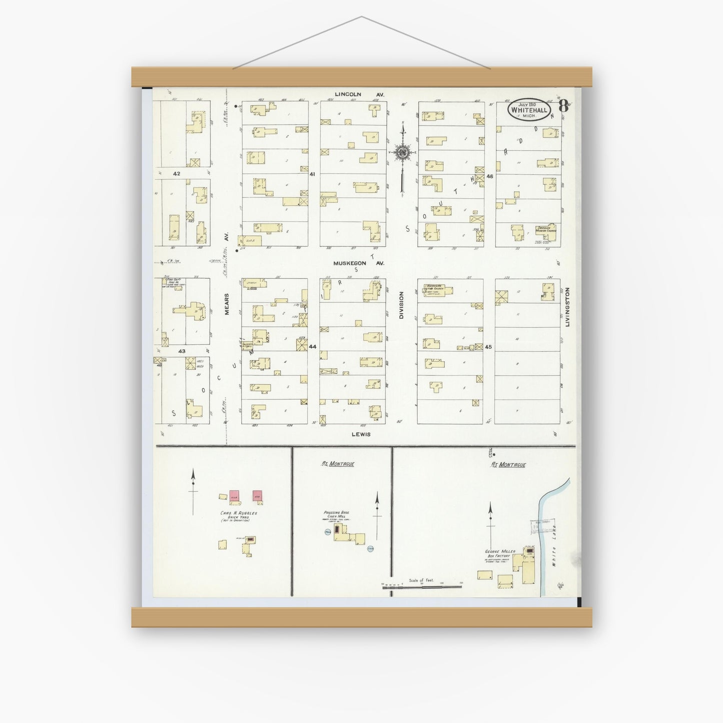 Old map wall art mockup — magnetic wood frame on white wall — Sanborn Fire Insurance Map from Whitehall, Muskegon County, Michigan (1910), Sheet #0008