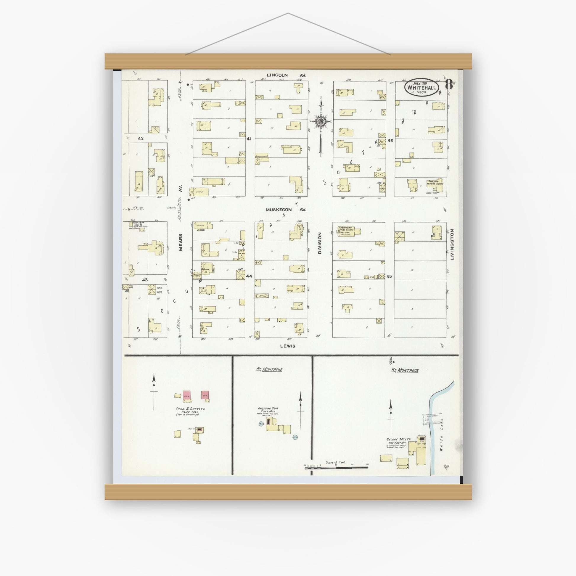 Old map wall art mockup — magnetic wood frame on white wall — Sanborn Fire Insurance Map from Whitehall, Muskegon County, Michigan (1910), Sheet #0008