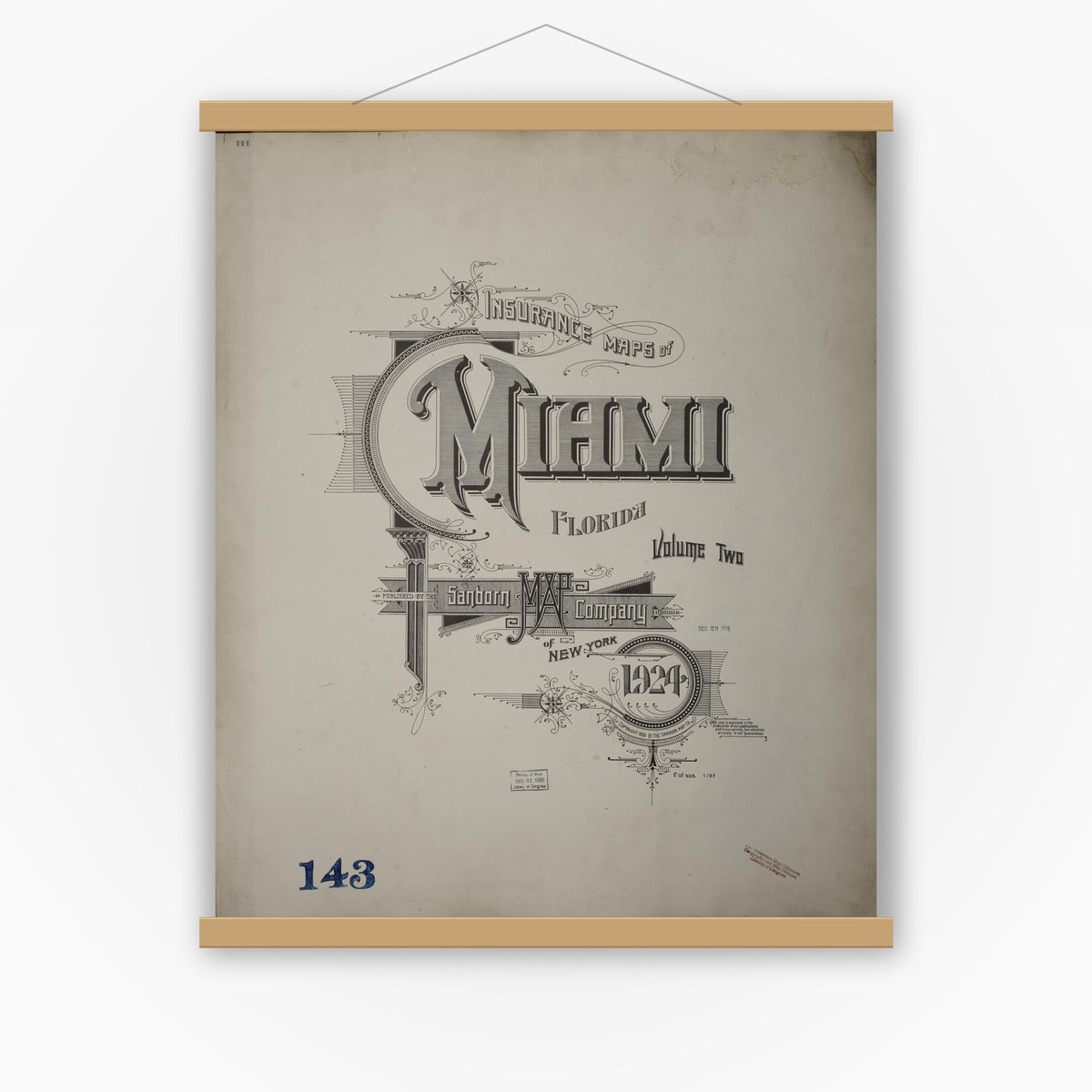 Old map wall art mockup — magnetic wood frame on white wall — Sanborn Fire Insurance Map from Miami, Dade County, Florida (1938), Sheet #0001