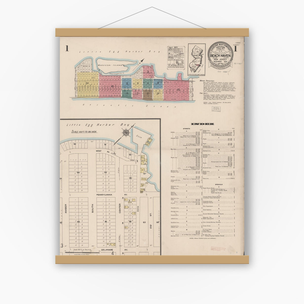 Old map wall art mockup — magnetic wood frame on white wall — Sanborn Fire Insurance Map from Beach Haven, Ocean County, New Jersey (1922) - Complete Map Set
