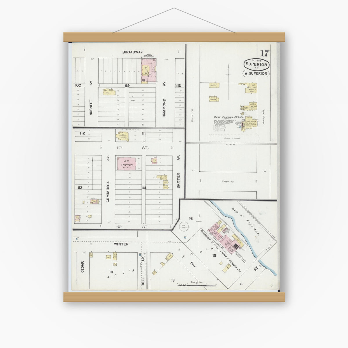 Old map wall art mockup — magnetic wood frame on white wall — Sanborn Fire Insurance Map from Superior, Douglas County, Wisconsin (1887), Sheet #0017