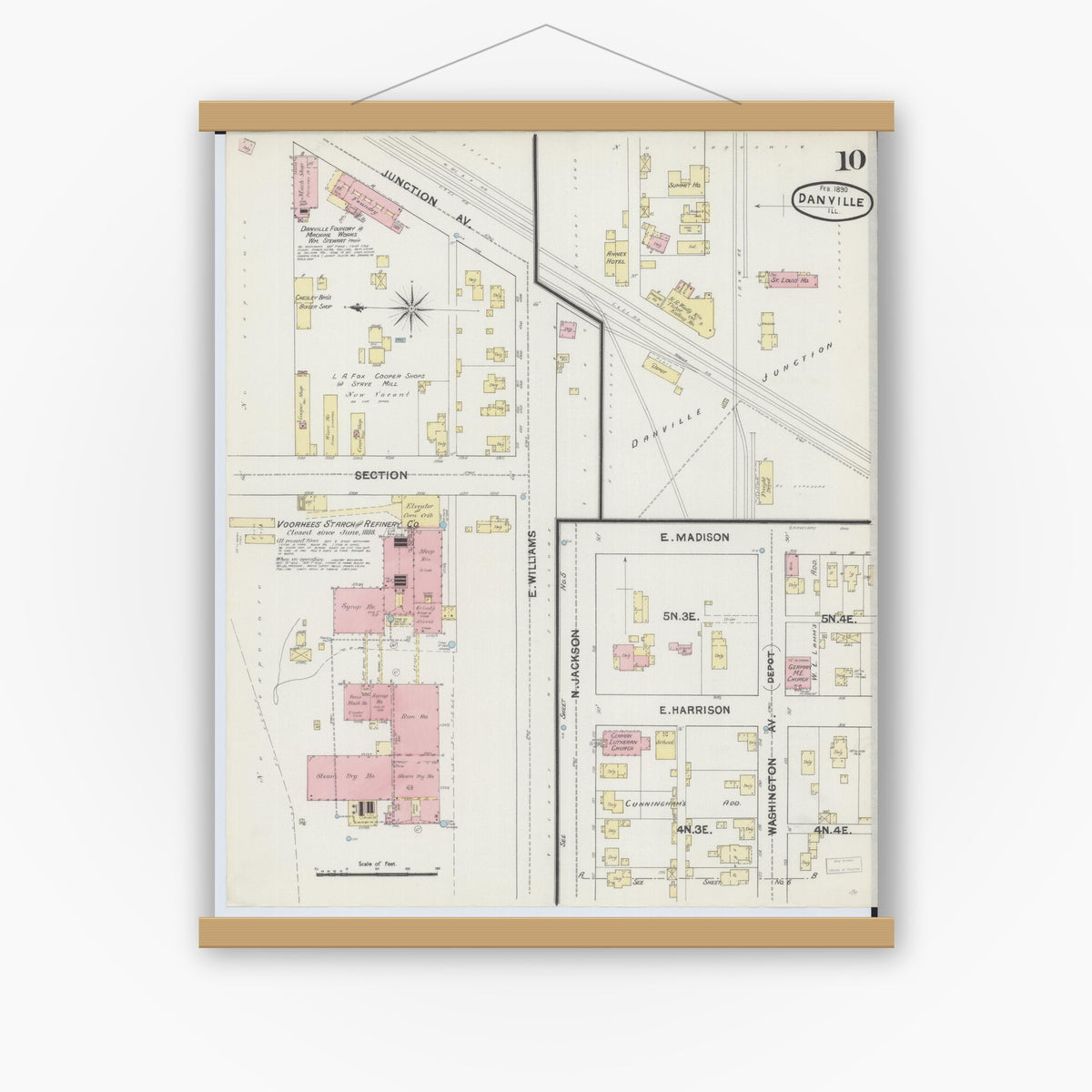 Old map wall art mockup — magnetic wood frame on white wall — Sanborn Fire Insurance Map from Danville, Vermilion County, Illinois (1890), Sheet #0010