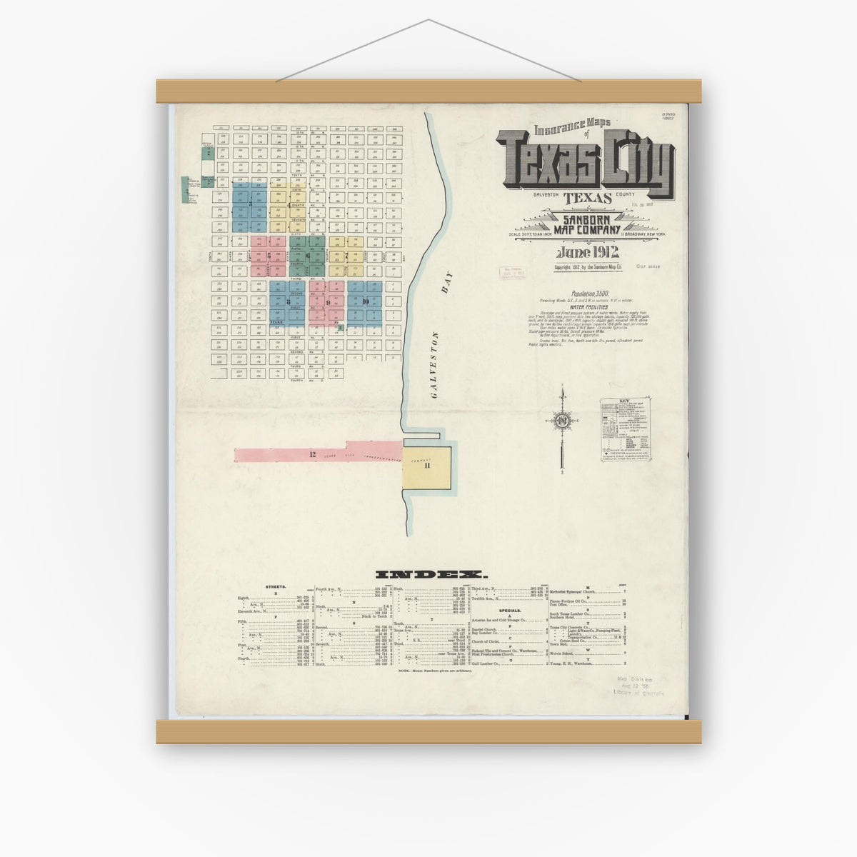 Old map wall art mockup — magnetic wood frame on white wall — Sanborn Fire Insurance Map from Texas City, Galveston County, Texas (1912), Sheet #0001