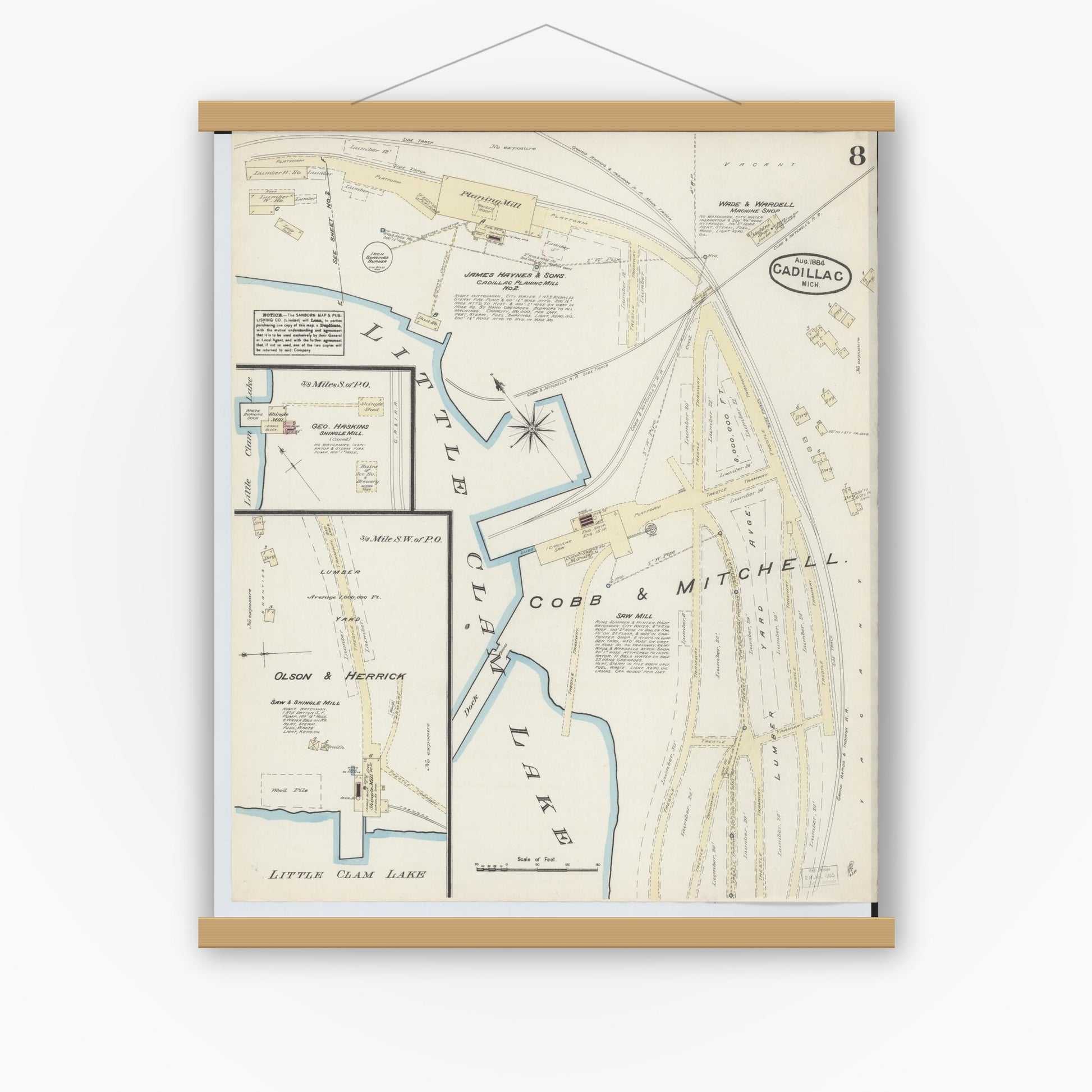 Old map wall art mockup — magnetic wood frame on white wall — Sanborn Fire Insurance Map from Cadillac, Wexford County, Michigan (1884), Sheet #0008