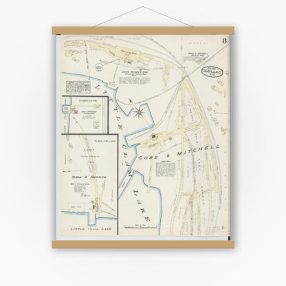 Old map wall art mockup — magnetic wood frame on white wall — Sanborn Fire Insurance Map from Cadillac, Wexford County, Michigan (1884), Sheet #0008