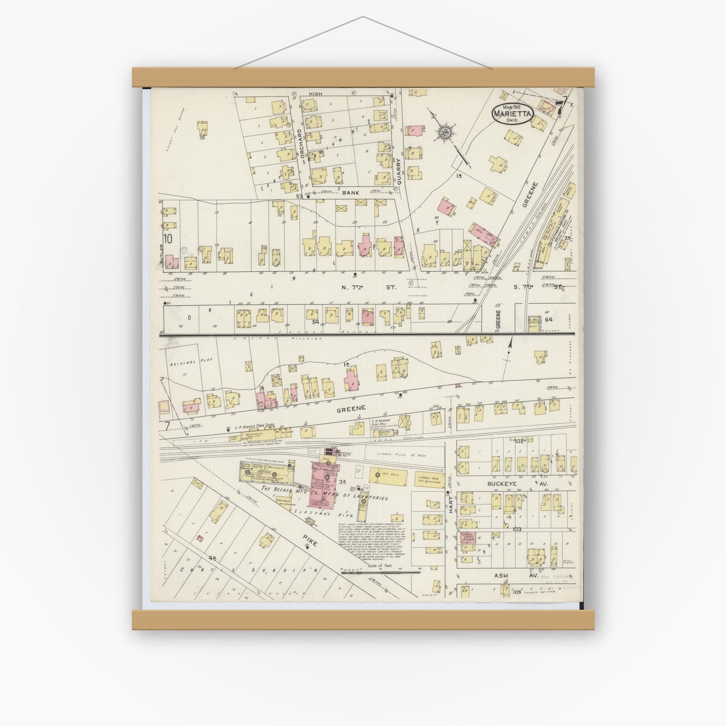Old map wall art mockup — magnetic wood frame on white wall — Sanborn Fire Insurance Map from Marietta, Washington County, Ohio (1915), Sheet #0007