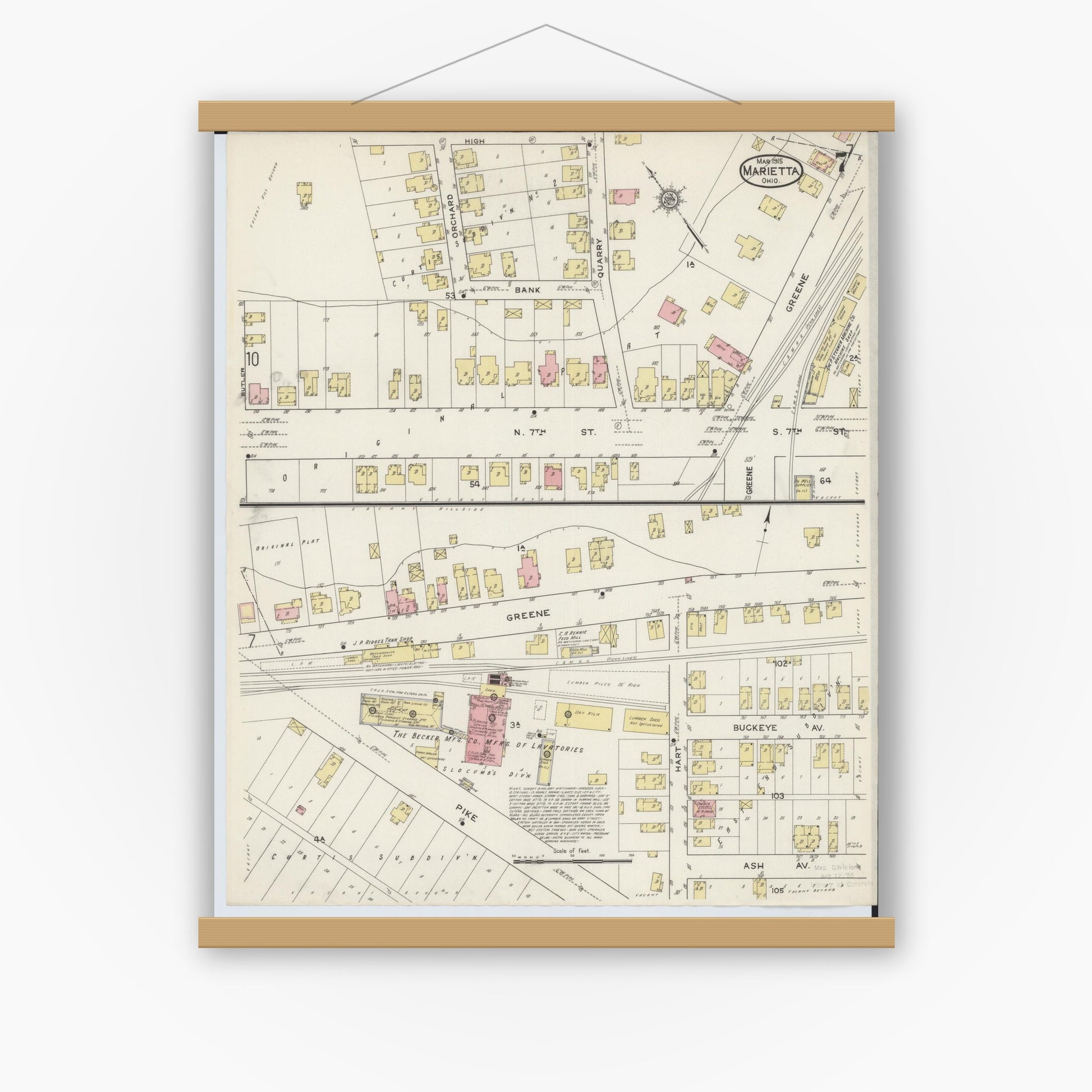 Old map wall art mockup — magnetic wood frame on white wall — Sanborn Fire Insurance Map from Marietta, Washington County, Ohio (1915), Sheet #0007