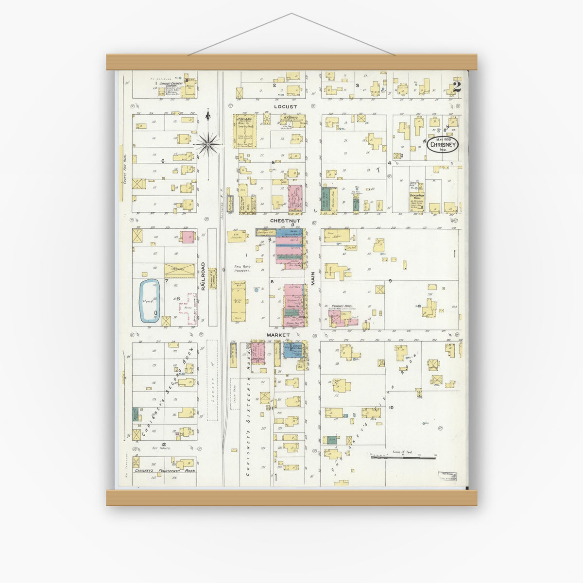 Old map wall art mockup — magnetic wood frame on white wall — Sanborn Fire Insurance Map from Chrisney, Spencer County, Indiana (1909), Sheet #0002