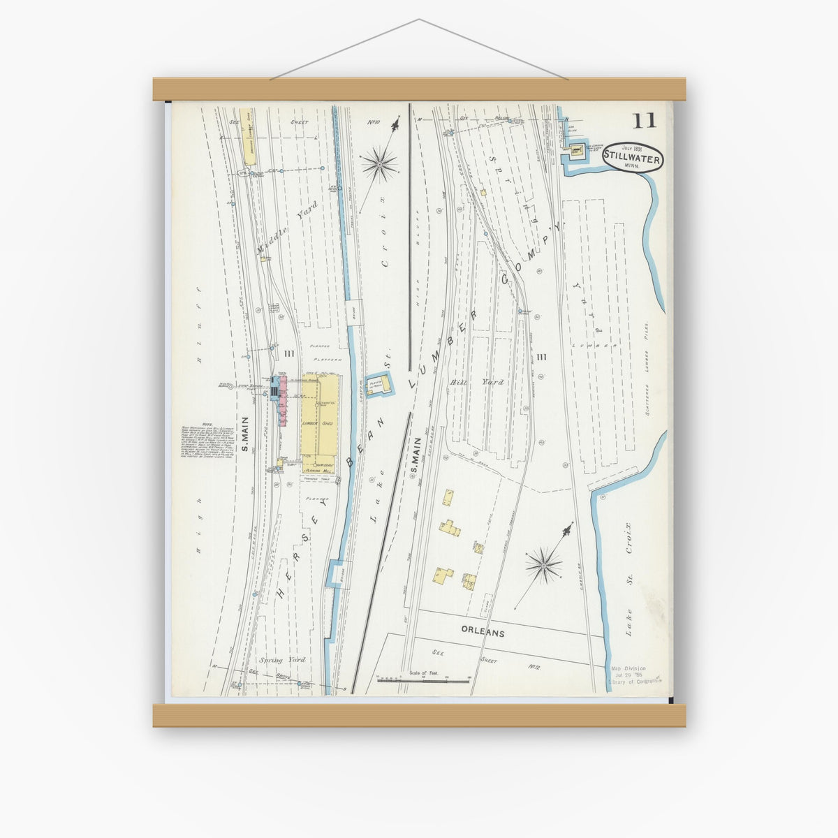Old map wall art mockup — magnetic wood frame on white wall — Sanborn Fire Insurance Map from Stillwater, Washington County, Minnesota (1891), Sheet #0011