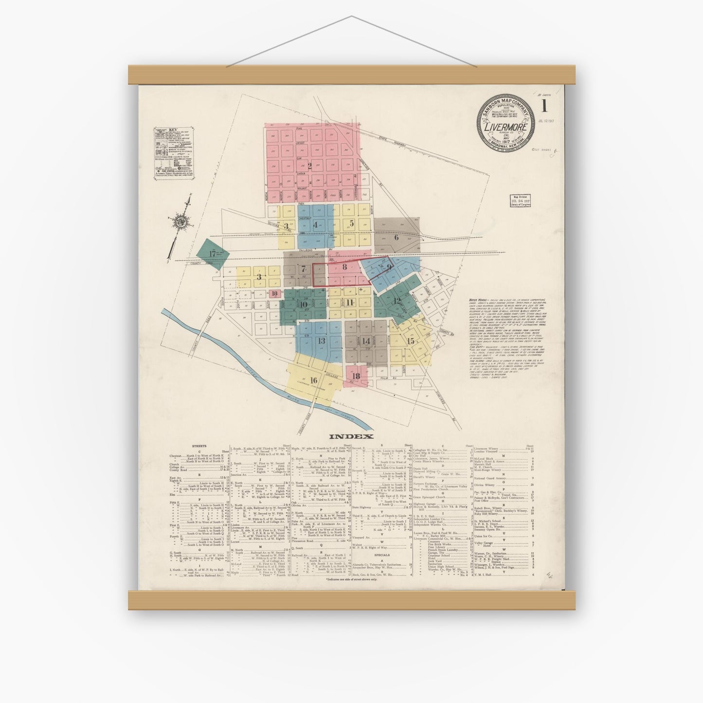 Old map wall art mockup — magnetic wood frame on white wall — Sanborn Fire Insurance Map from Livermore, Alameda County, California (1917) - Complete Map Set