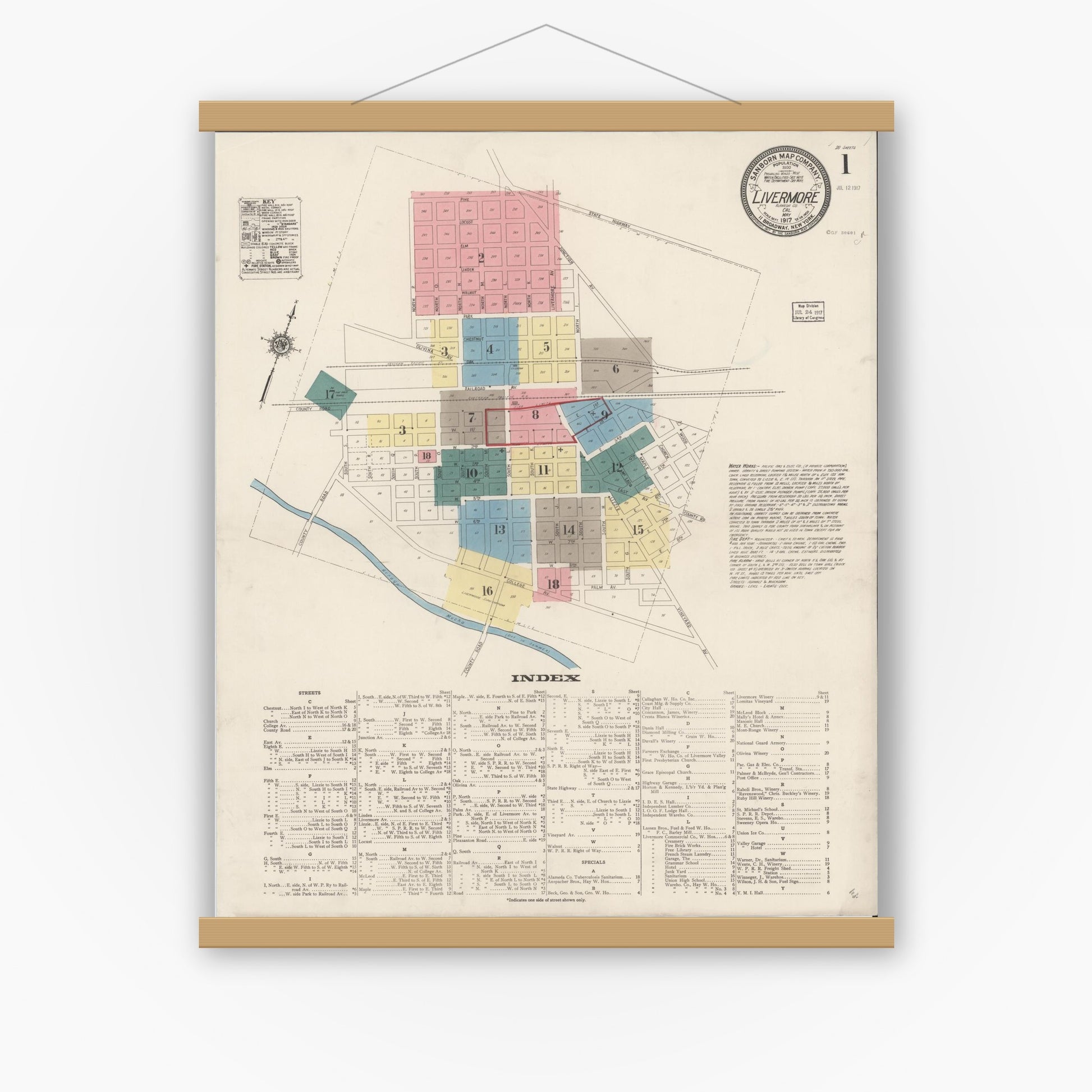 Old map wall art mockup — magnetic wood frame on white wall — Sanborn Fire Insurance Map from Livermore, Alameda County, California (1917) - Complete Map Set