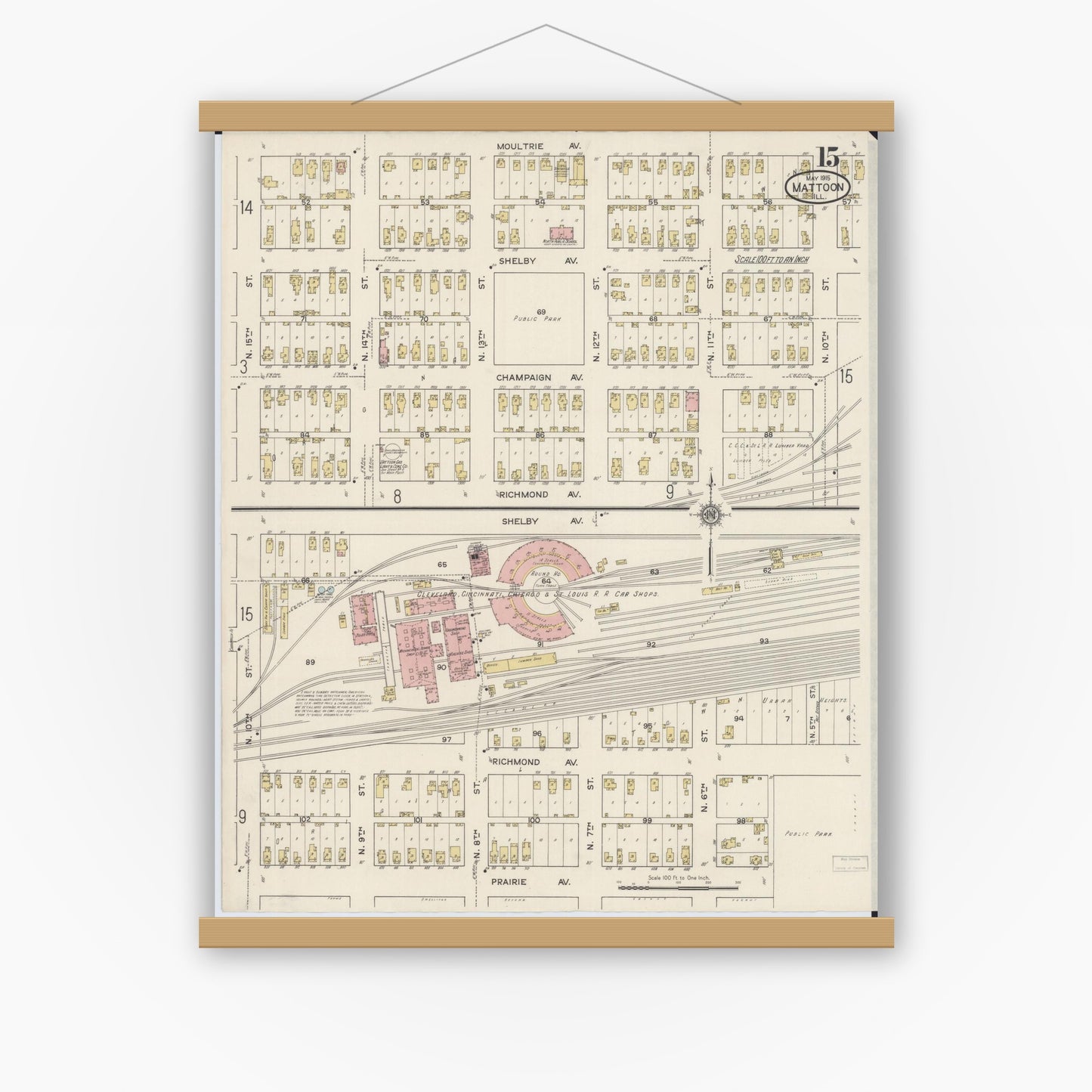 Old map wall art mockup — magnetic wood frame on white wall — Sanborn Fire Insurance Map from Mattoon, Coles County, Illinois (1915), Sheet #0015