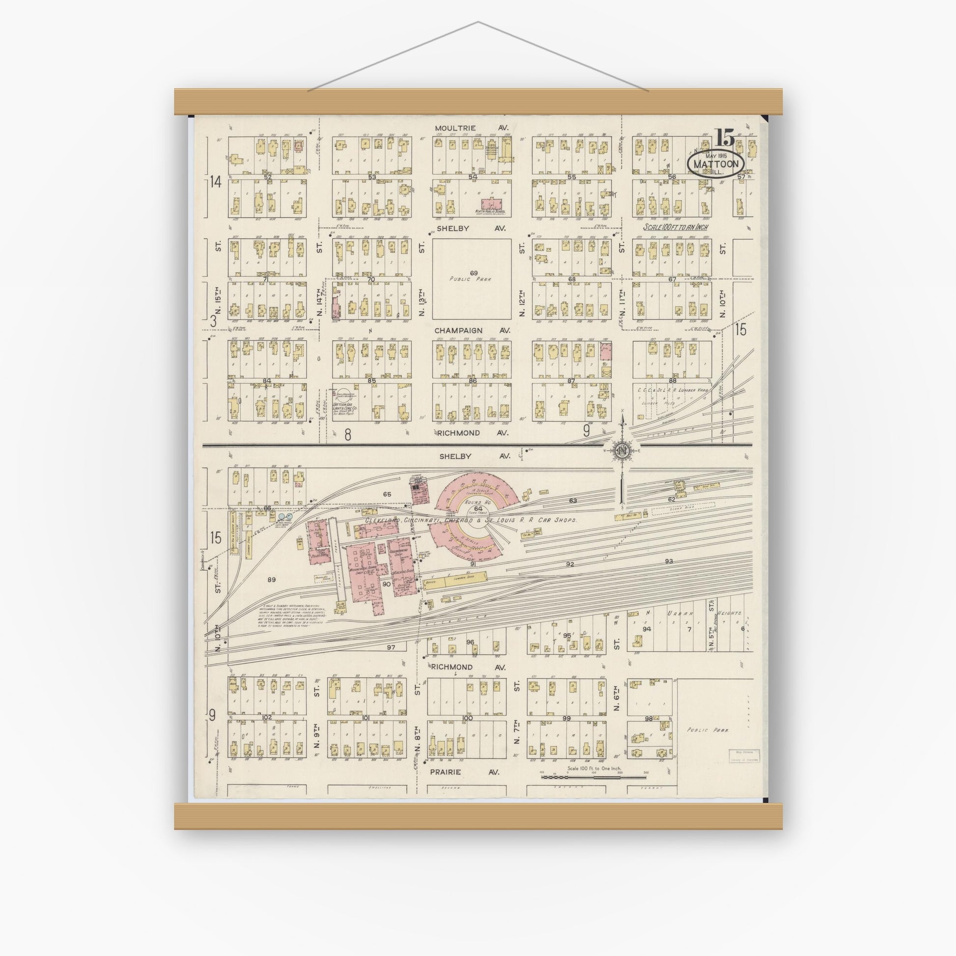 Old map wall art mockup — magnetic wood frame on white wall — Sanborn Fire Insurance Map from Mattoon, Coles County, Illinois (1915), Sheet #0015