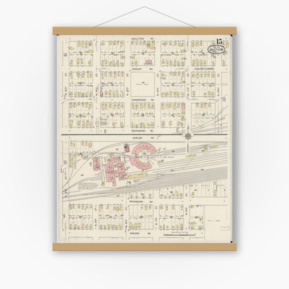 Old map wall art mockup — magnetic wood frame on white wall — Sanborn Fire Insurance Map from Mattoon, Coles County, Illinois (1915), Sheet #0015