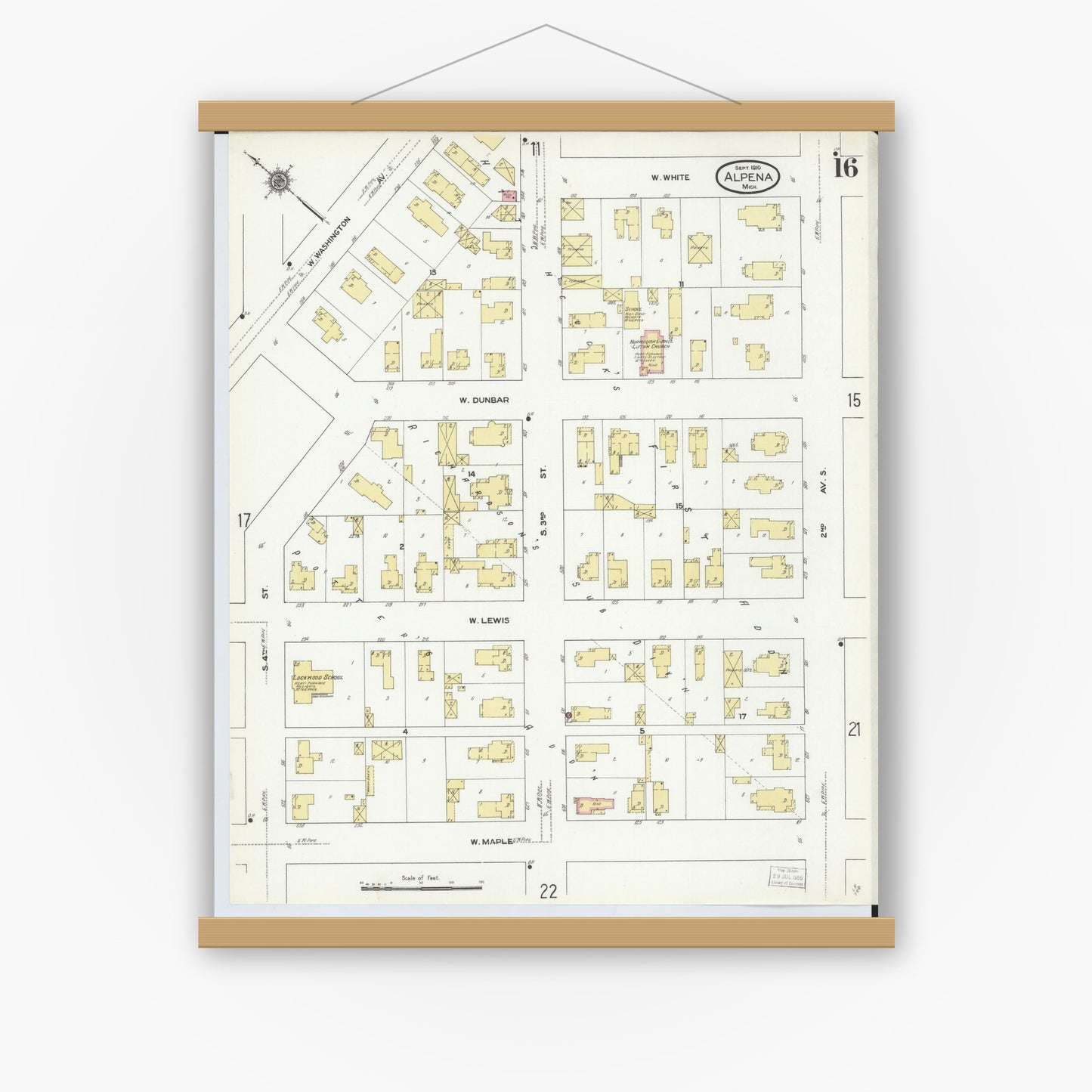 Old map wall art mockup — magnetic wood frame on white wall — Sanborn Fire Insurance Map from Alpena, Alpena County, Michigan (1910), Sheet #0016