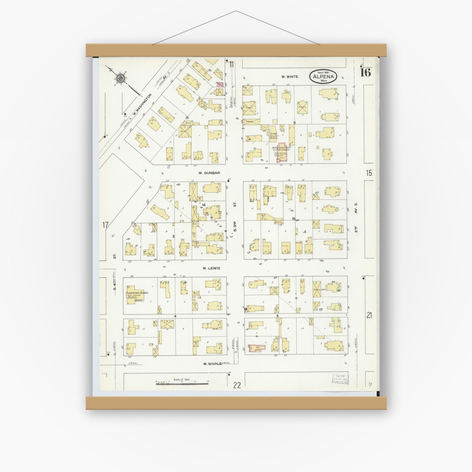 Old map wall art mockup — magnetic wood frame on white wall — Sanborn Fire Insurance Map from Alpena, Alpena County, Michigan (1910), Sheet #0016