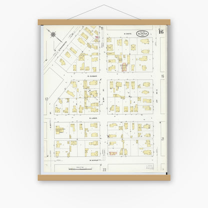 Old map wall art mockup — magnetic wood frame on white wall — Sanborn Fire Insurance Map from Alpena, Alpena County, Michigan (1910), Sheet #0016