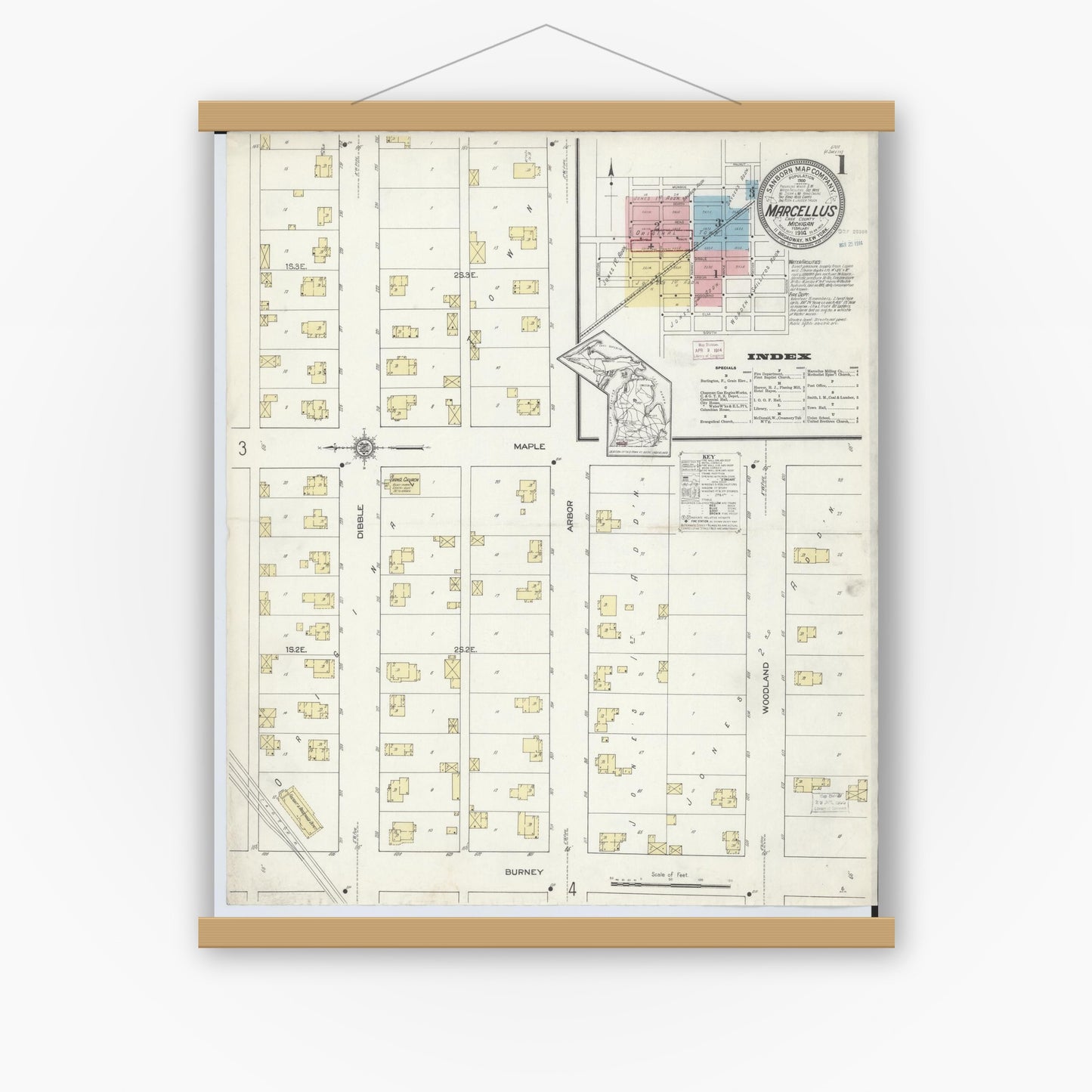 Old map wall art mockup — magnetic wood frame on white wall — Sanborn Fire Insurance Map from Marcellus, Cass County, Michigan (1914) - Complete Map Set
