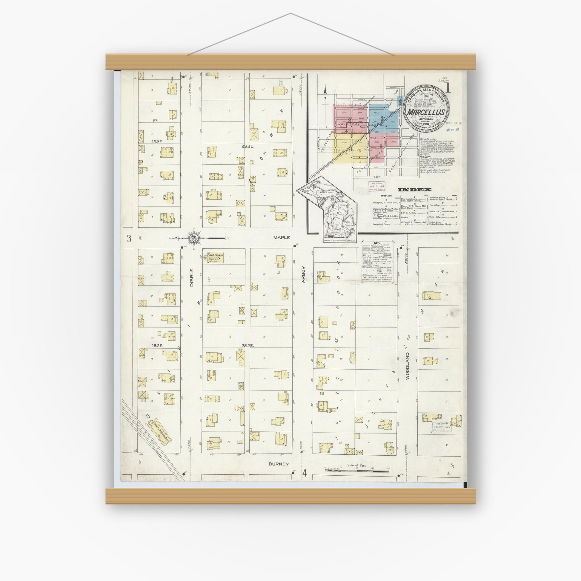 Old map wall art mockup — magnetic wood frame on white wall — Sanborn Fire Insurance Map from Marcellus, Cass County, Michigan (1914) - Complete Map Set