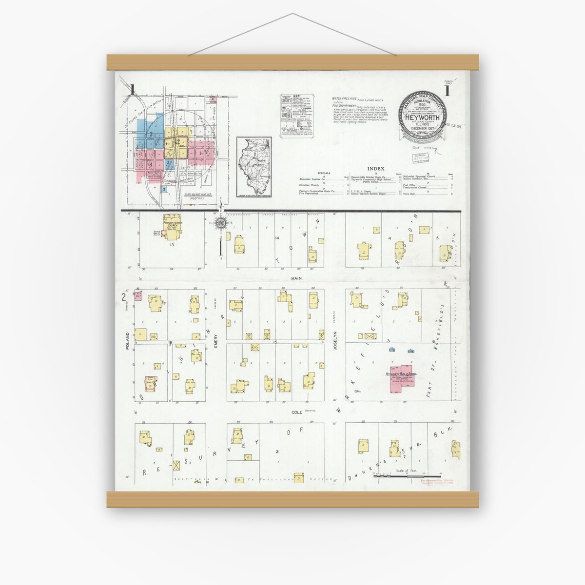 Old map wall art mockup — magnetic wood frame on white wall — Sanborn Fire Insurance Map from Heyworth, McLean County, Illinois (1927) - Complete Map Set