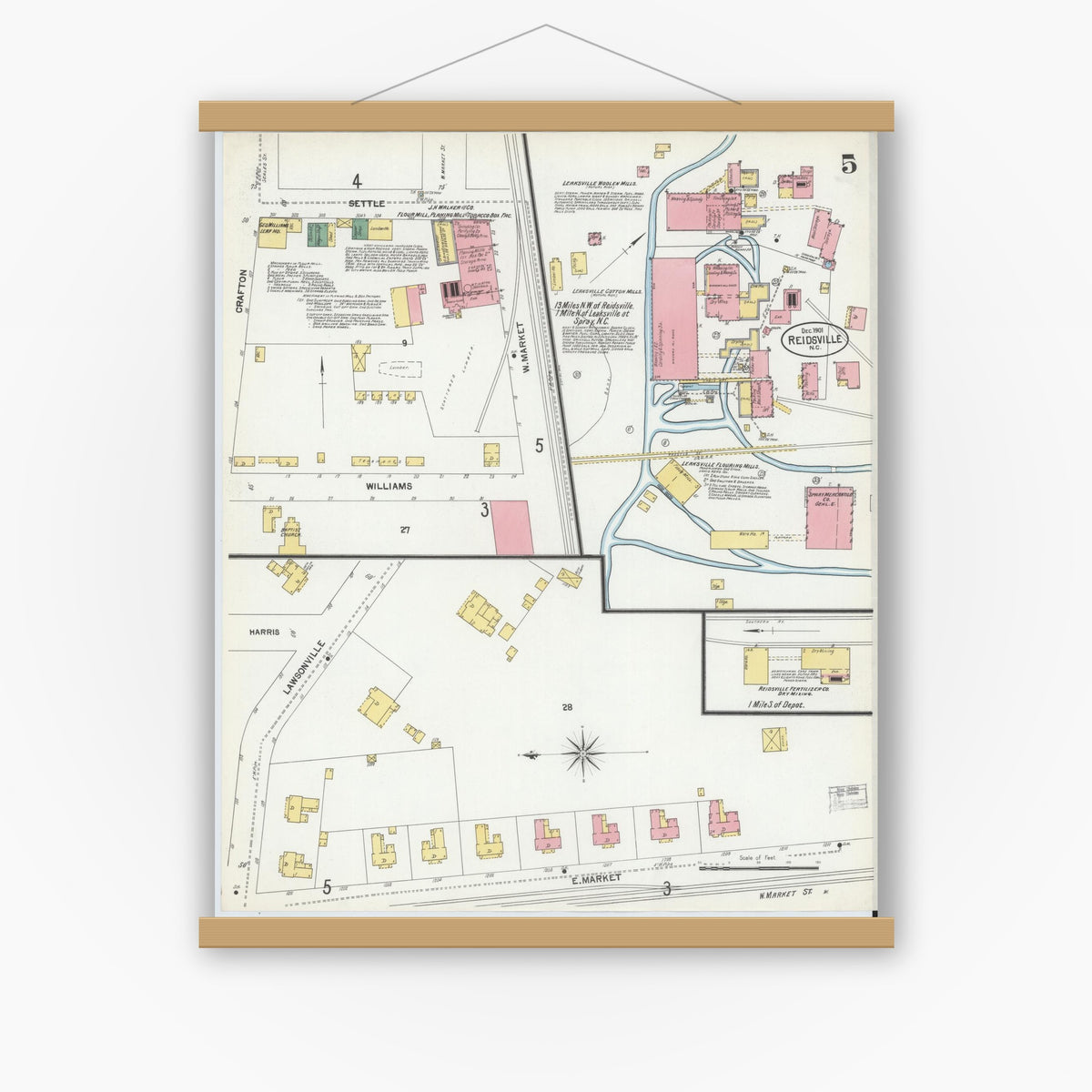Old map wall art mockup — magnetic wood frame on white wall — Sanborn Fire Insurance Map from Reidsville, Rockingham County, North Carolina (1901), Sheet #0005