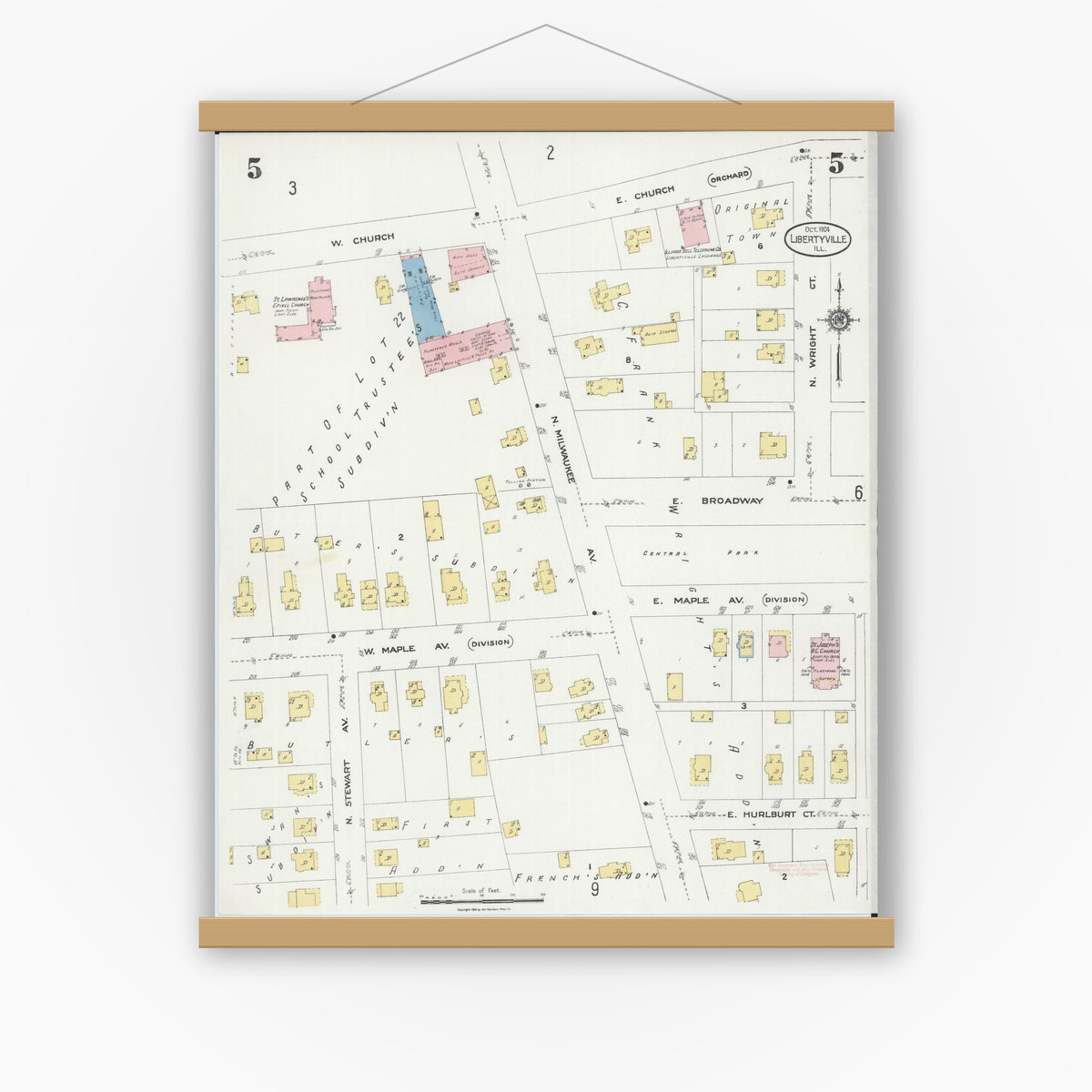 Old map wall art mockup — magnetic wood frame on white wall — Sanborn Fire Insurance Map from Libertyville, Lake County, Illinois (1924), Sheet #0005