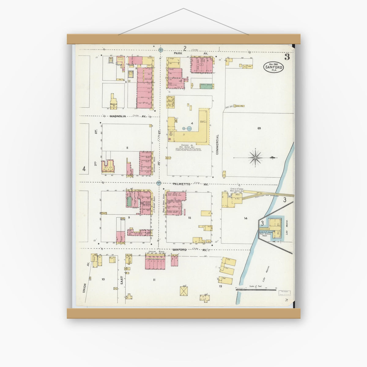 Old map wall art mockup — magnetic wood frame on white wall — Sanborn Fire Insurance Map from Sanford, Seminole County, Florida (1906), Sheet #0003