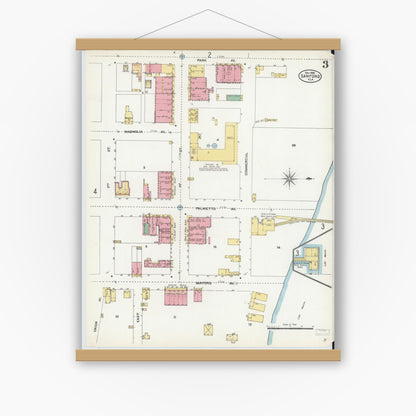 Old map wall art mockup — magnetic wood frame on white wall — Sanborn Fire Insurance Map from Sanford, Seminole County, Florida (1906), Sheet #0003