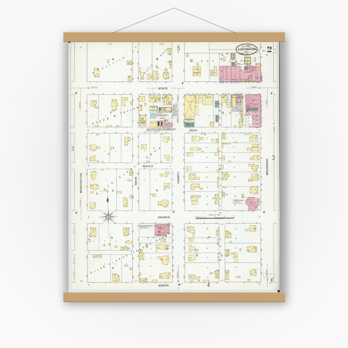 Old map wall art mockup — magnetic wood frame on white wall — Sanborn Fire Insurance Map from Lovington, Moultrie County, Illinois (1909), Sheet #0002