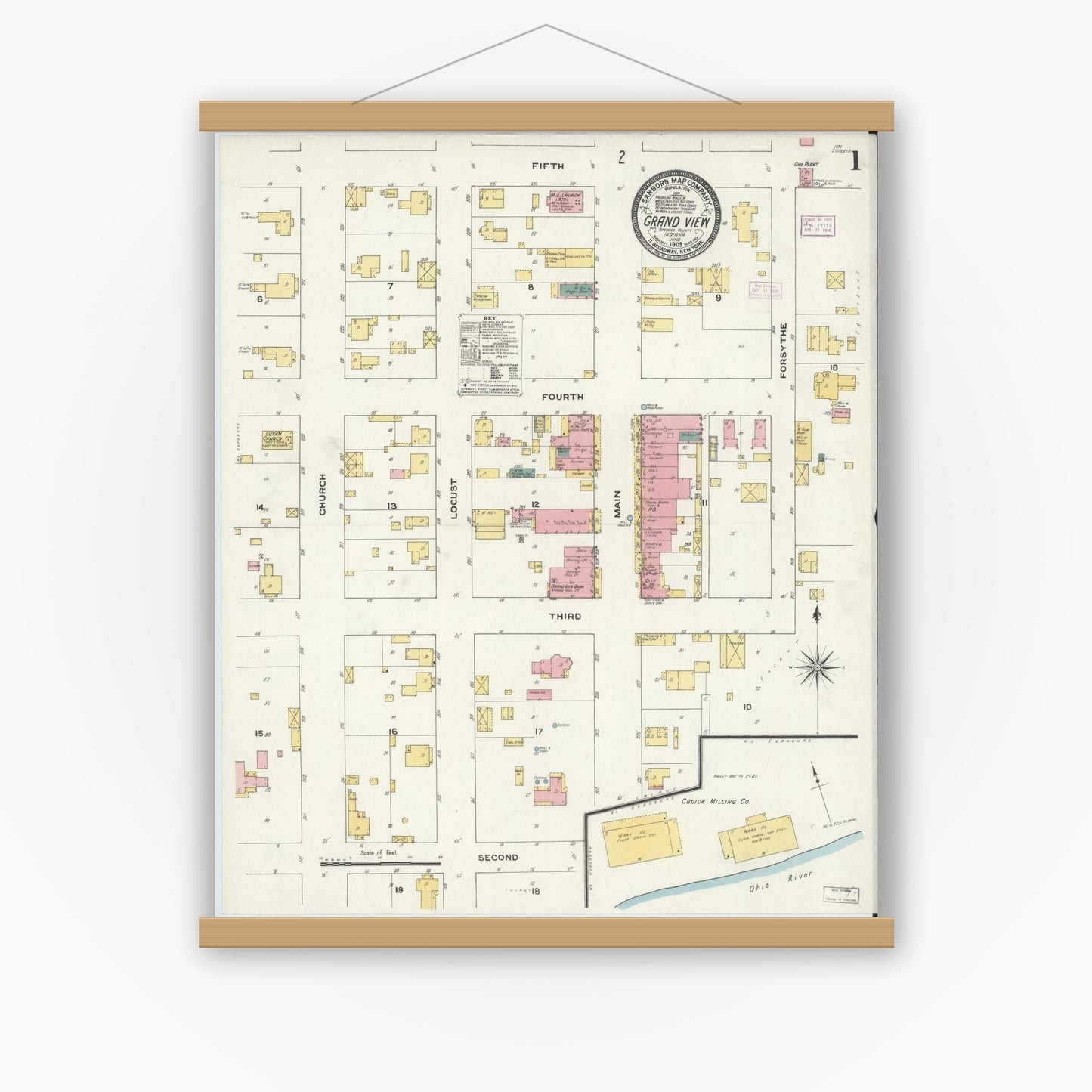 Old map wall art mockup — magnetic wood frame on white wall — Sanborn Fire Insurance Map from Grand View, Spencer County, Indiana (1909) - Complete Map Set