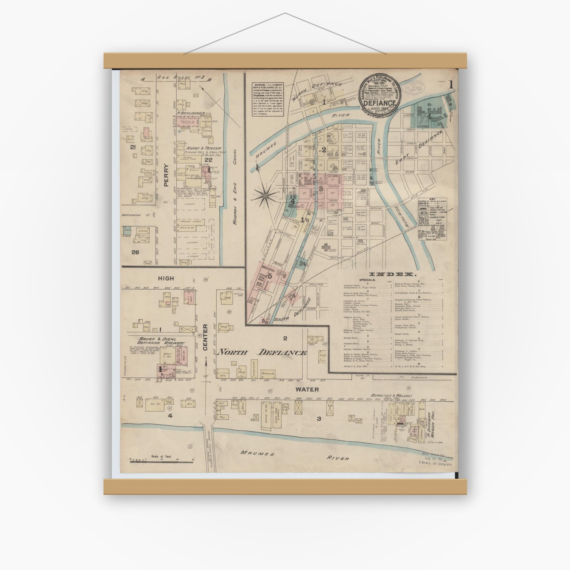 Old map wall art mockup — magnetic wood frame on white wall — Sanborn Fire Insurance Map from Defiance, Defiance County, Ohio (1884) - Complete Map Set