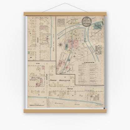 Old map wall art mockup — magnetic wood frame on white wall — Sanborn Fire Insurance Map from Defiance, Defiance County, Ohio (1884) - Complete Map Set