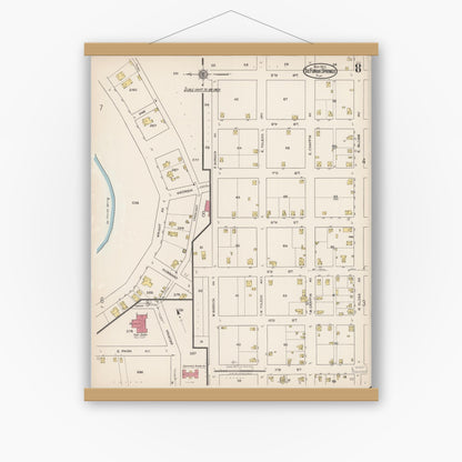 Old map wall art mockup — magnetic wood frame on white wall — Sanborn Fire Insurance Map from De Funiak Springs, Walton County, Florida (1922), Sheet #0008