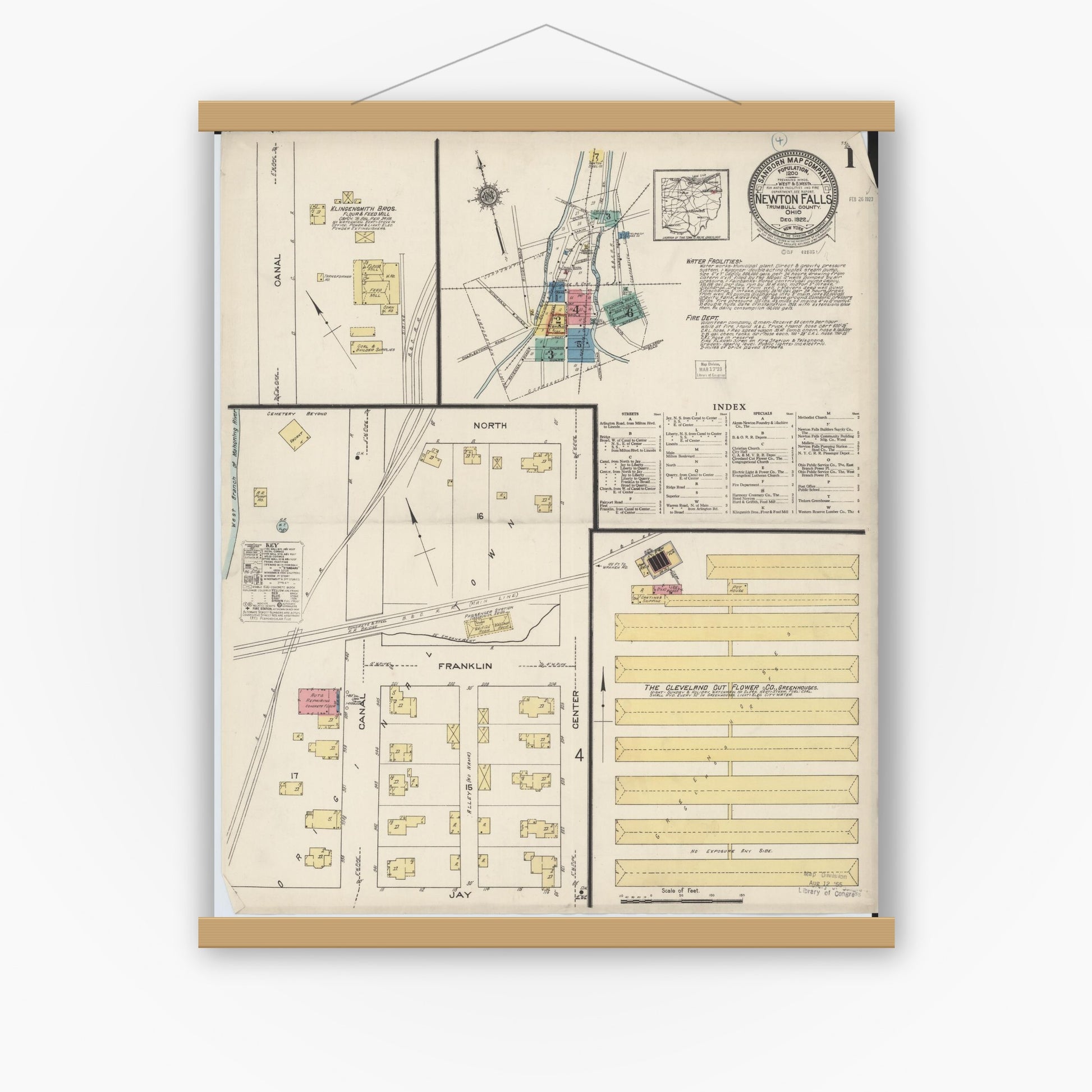 Old map wall art mockup — magnetic wood frame on white wall — Sanborn Fire Insurance Map from Newton Falls, Trumbull County, Ohio (1922) - Complete Map Set