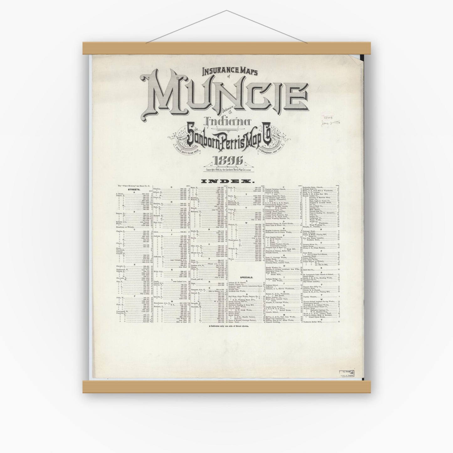 Old map wall art mockup — magnetic wood frame on white wall — Sanborn Fire Insurance Map from Muncie, Delaware County, Indiana (1896), Sheet #0001