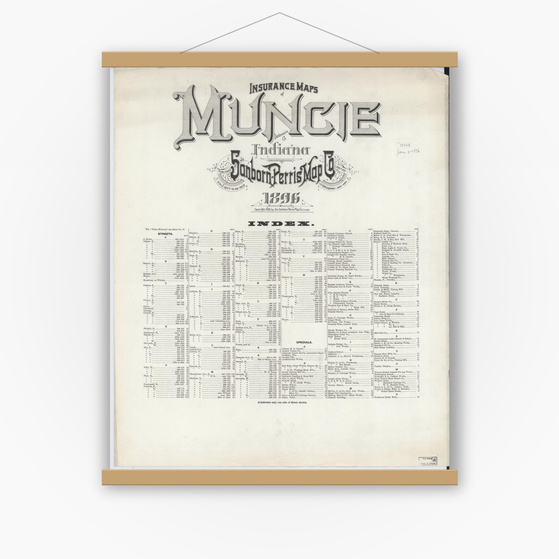 Old map wall art mockup — magnetic wood frame on white wall — Sanborn Fire Insurance Map from Muncie, Delaware County, Indiana (1896), Sheet #0001